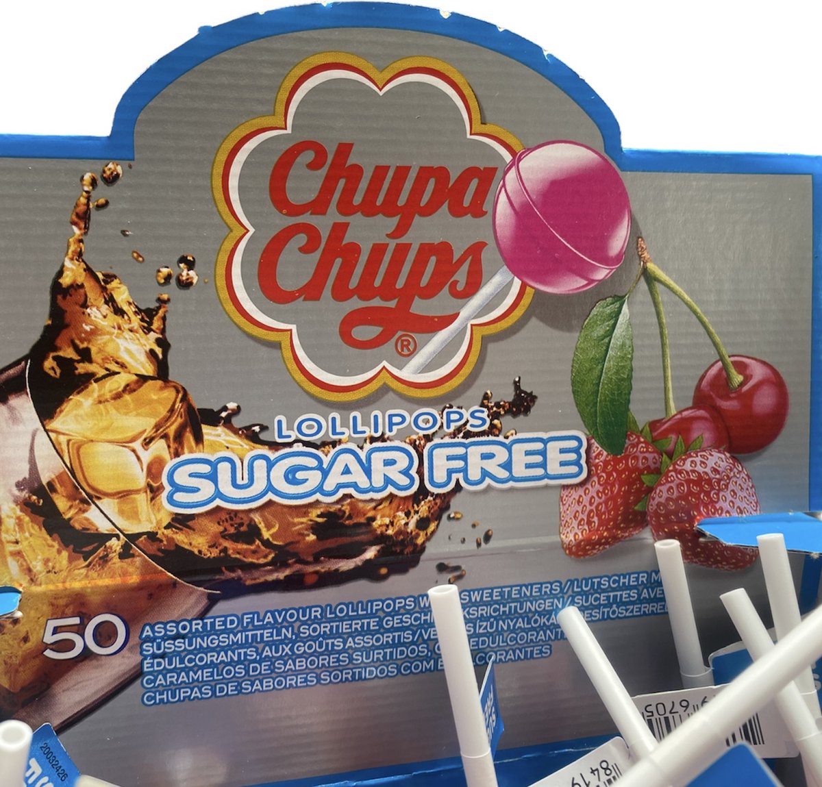 Sucettes sans sucre Chupa Chups 50 pièces boîte présentoir sucette au cola