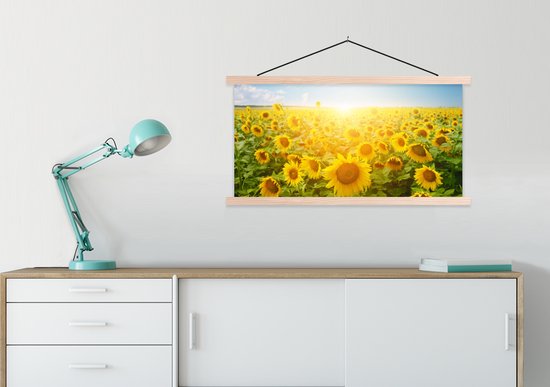 Support pour affiche avec affiche 90x45 cm - Affiche scolaire - Tournesol - Soleil - Nuages ​​- Affiche textile - Lattes vierges