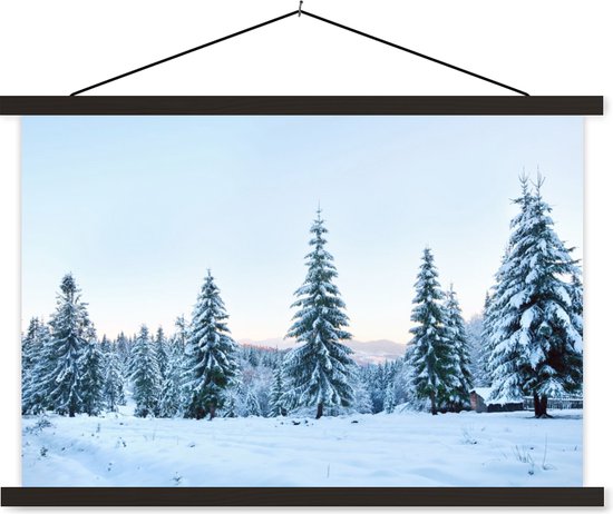 Porte-affiche avec affiche - Affiche scolaire - Hiver - Neige - Arbres - 90x60 cm - Lattes noires