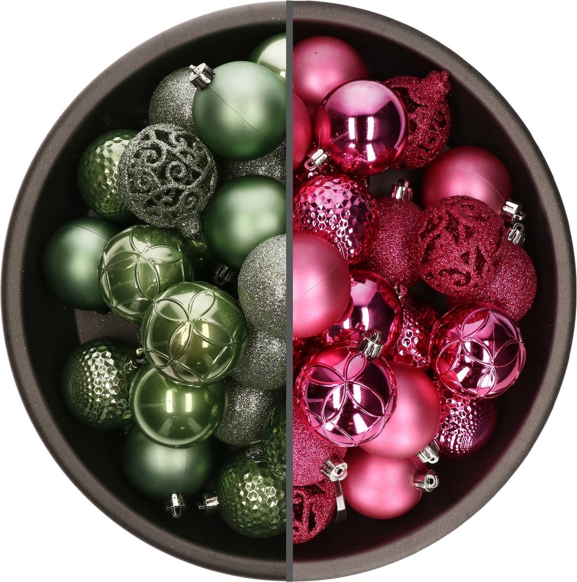 Kerstballen mix in fuchsia roze en salie groen, 74-delig, 6 cm groot, gemaakt van kunststof.