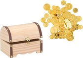 Houten piraten schatkist 15 x 10 cm met 100x plastic gouden piraten geld munten - Speelgoed/verkleed artikelen