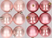 12x stuks kunststof kerstballen mix van lichtroze en oudroze 8 cm - Kerstversiering