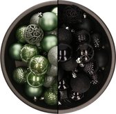 Bellatio Decorations Kerstballen mix - 74-delig - salie groen en zwart - 6 cm - kunststof