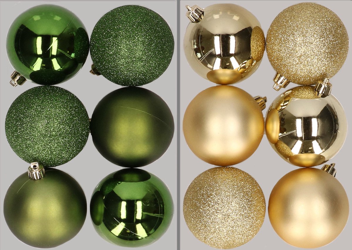 12 kunststof kerstballen mix appelgroen en goud, 8 cm, Kerstversiering - Merkloos