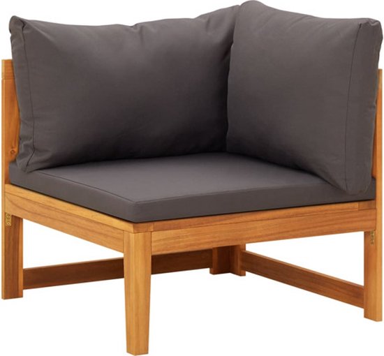 Module d'angle gris foncé avec coussins et cadre en bois.