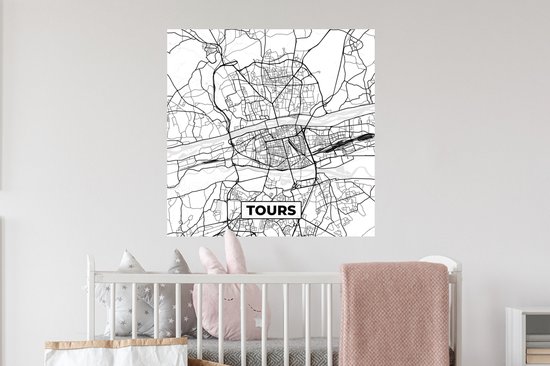 Stickers muraux - France - Tours - Carte - Plan de la ville - Carte - Zwart et blanc - 80x80 cm - Film adhésif