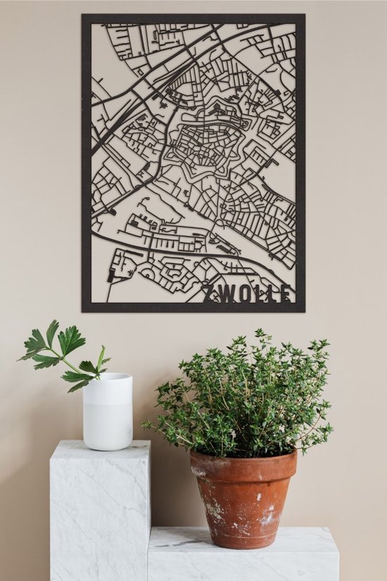 Houten Stadskaart Zwolle Zwart Mdf 50x70cm Wanddecoratie Voor Aan De Muur City Shapes