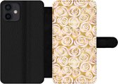 Bookcase Geschikt voor iPhone 12 Mini telefoonhoesje - Marmer print - Goud - Rozen - Patronen - Met vakjes - Wallet case met magneetsluiting