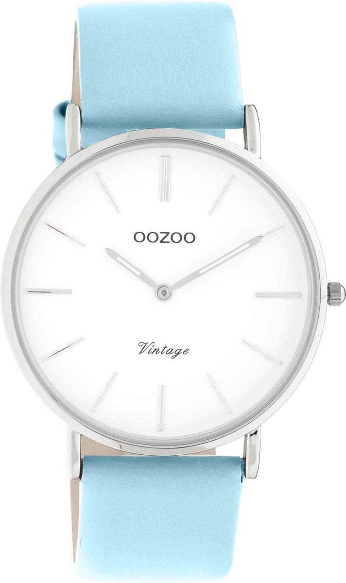 OOZOO Vintage series - Zilveren horloge met licht blauwe leren band - C20216