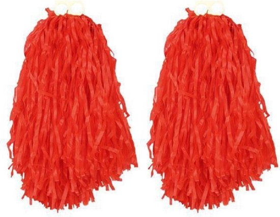 4x Stuks cheerball/pompom rood met ringgreep 28 cm - Cheerleader verkleed accessoires