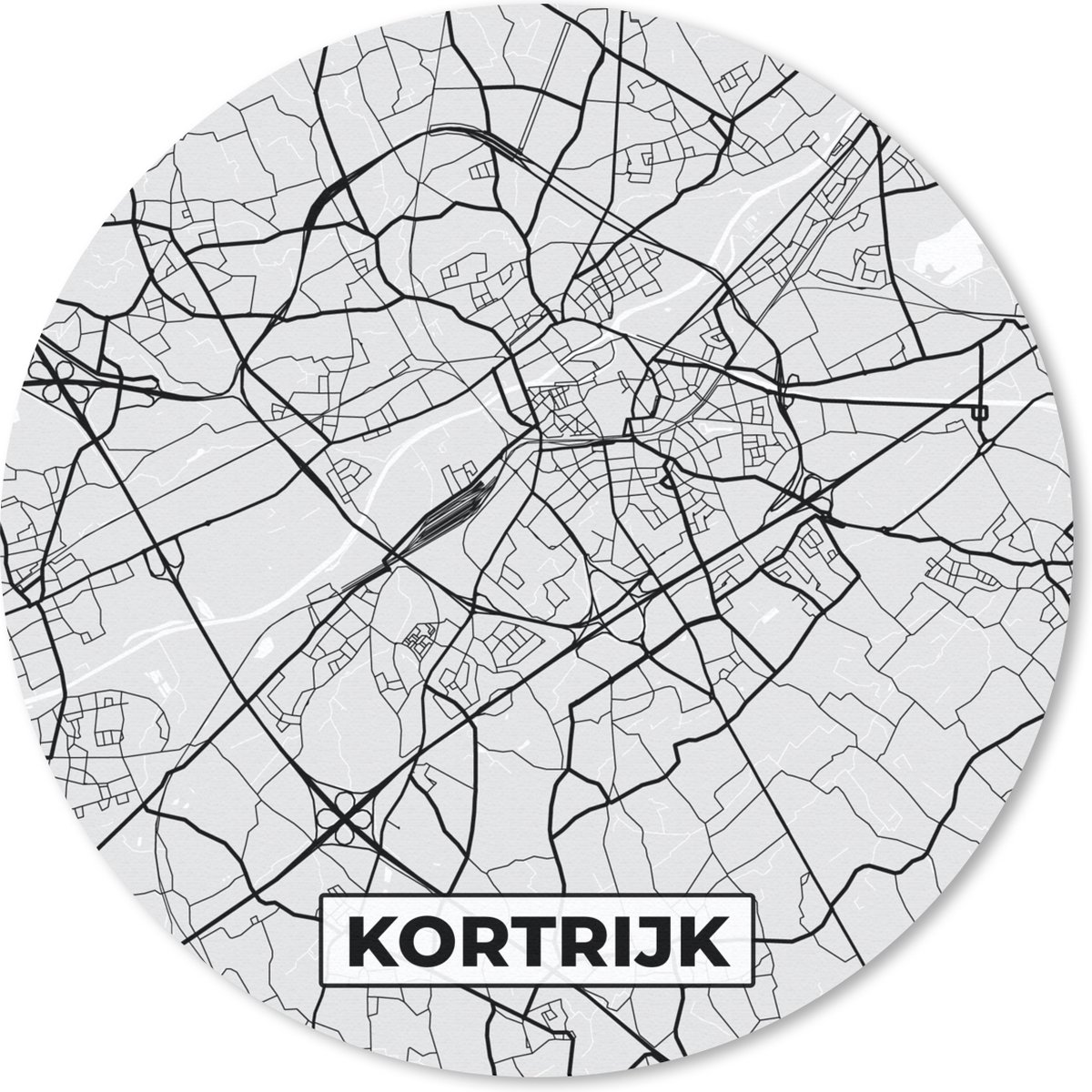 Muismat rond 20x20 cm - Mousepad Zwart Wit – België – Plattegrond – Stadskaart – Kaart – Kortrijk - Ronde muismatten - Stadskaart