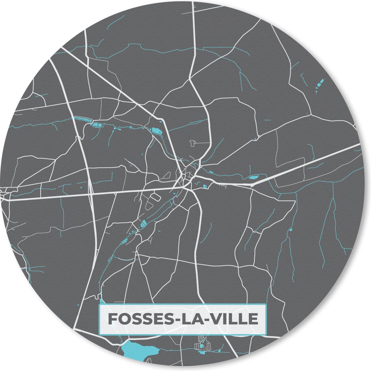 Muismat - Mousepad - Rond - Plattegrond – Fosses la Ville – Blauw – Stadskaart - Kaart - 20x20 cm - Ronde muismat
