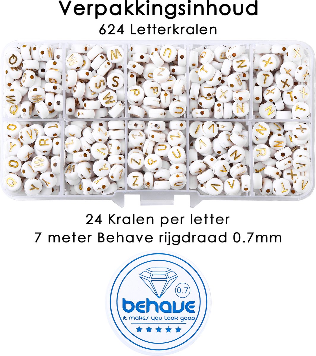 Behave Letterkralen Set - Wit met Gouden Letters - Acryl - Kralen - Alfabet Kralen - 7mm - 624 Stuks — afbeelding 9