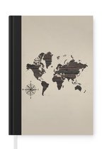 Notitieboek - Schrijfboek - Wereldkaart - Hout - Kompas - Notitieboekje klein - A5 formaat - Schrijfblok