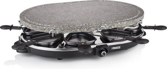 Zwarte Princess gourmetset met grillsteen, 8 zwarte pannetjes met gekleurde handvatten.