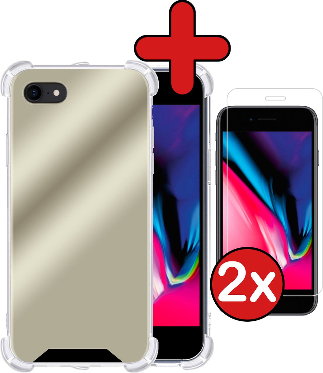 Hoesje - Met Screenprotector - 2 Stuks - Geschikt voor Apple iPhone SE (2022) - Sterk & Shockproof - Back Cover - Siliconen Case - Telefoon Hoes - Shock Proof - Telefoonhoes - Goud