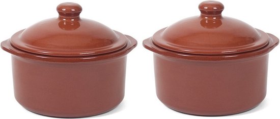 Foto: 2x stenen ovenschalen met deksel bruin terracotta 18 cm terracotta ovenschalen stoofpotjes