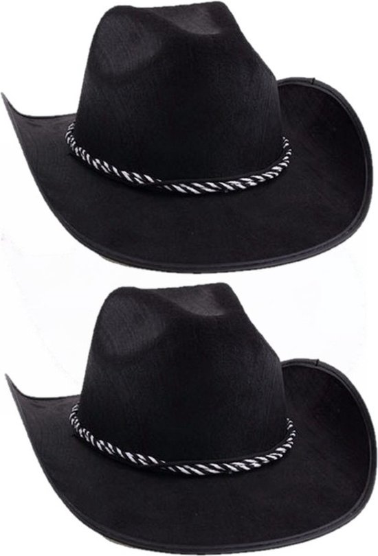 Foto: 2x stuks zwarte cowboyhoeden met koord voor volwassenen carnaval en verkleed hoeden western sheriff cowboys