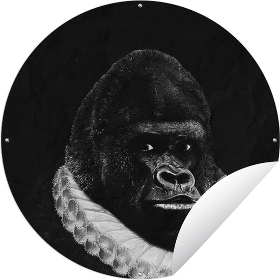 Tuincirkel Schilderij - Gorilla - Zwart - Wit - 90x90 cm - Ronde Tuinposter - Buiten