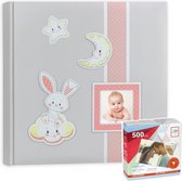 Fotoboek/fotoalbum Fred baby meisje met 30 paginas roze 32 x 32 x 3,5 cm inclusief 500 fotoplakkers/stickers