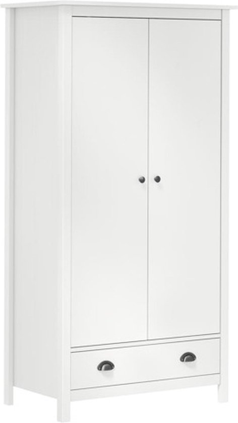 Witte kledingkast met twee deuren en één lade met donkere knoppen.
