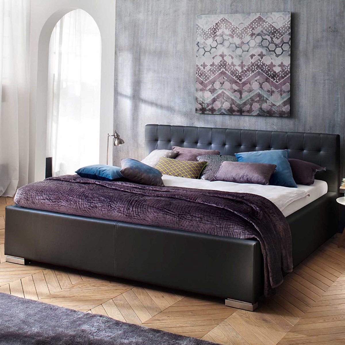 Bed Delphine 140x200 - zwart - Meise - Tweepersoons gestoffeerd bed - Zwart - Hout; Kunstleer; Spaanplaat Tweepersoons Normaal bed