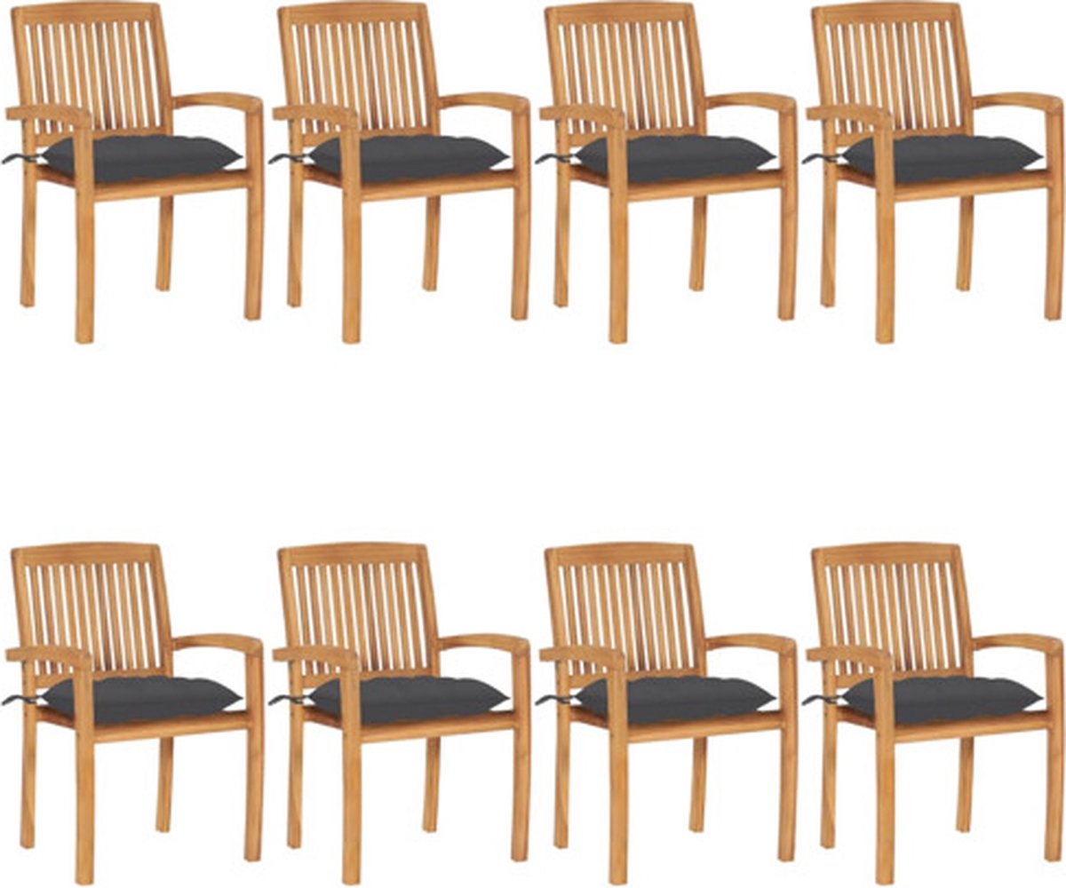 vidaXL - Tuinstoelen - stapelbaar - 8 - st - met - kussens - massief - teakhout