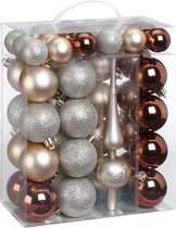 Inge Christmas kerstballen -47x met piek -kunststof -bruin/parel/zilver