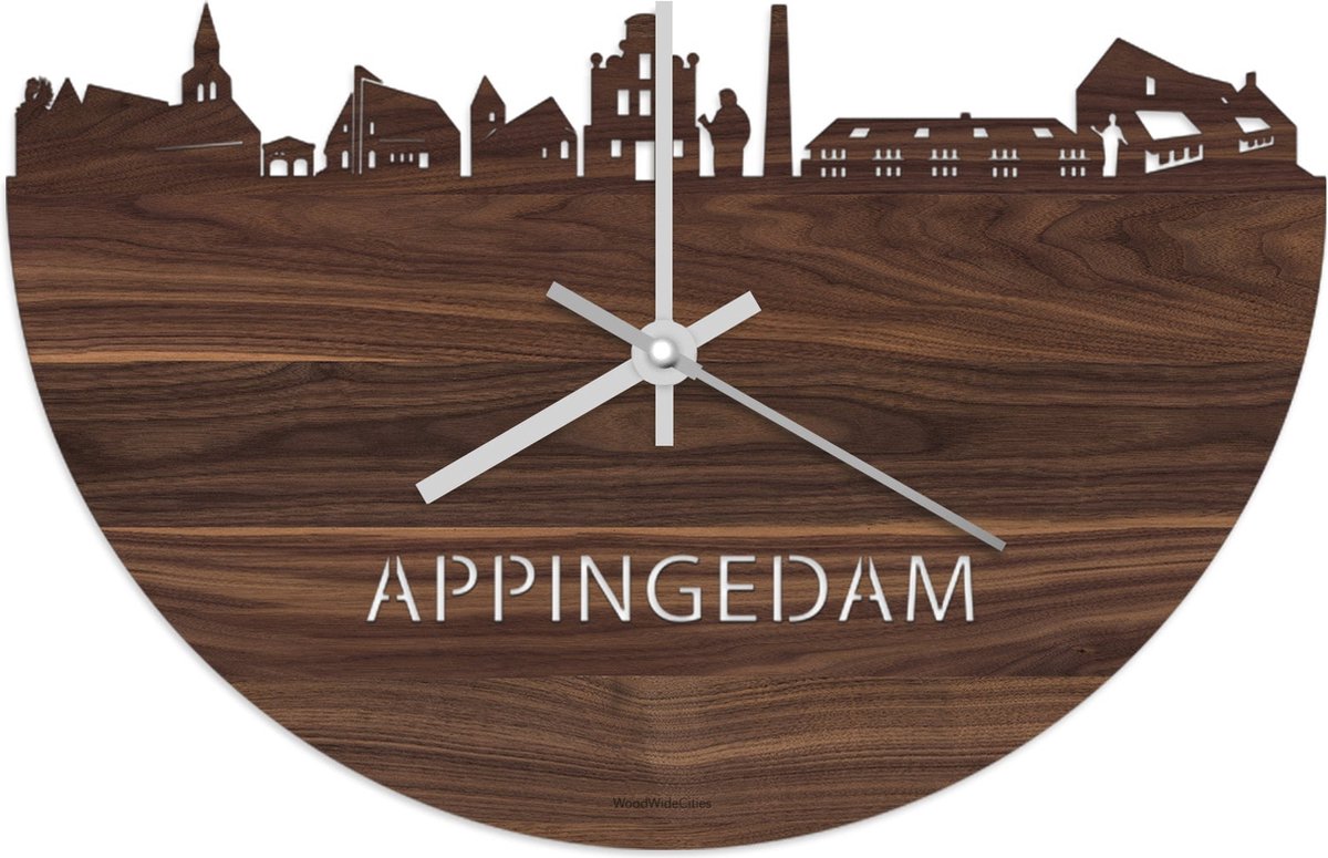 Skyline Klok Appingedam Notenhout - Ø 40 cm - Stil uurwerk - Wanddecoratie - Meer steden beschikbaar - Woonkamer idee - Woondecoratie - City Art - Steden kunst - Cadeau voor hem - Cadeau voor haar - Jubileum - Trouwerij - Housewarming -