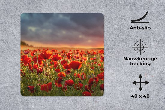 Tapis de souris XXL - Sous-main - Tapis de bureau - Coucher de soleil - Coquelicots - Rouge - Fleurs - Champ - Nature - 40x40 cm - Tapis de souris XXL