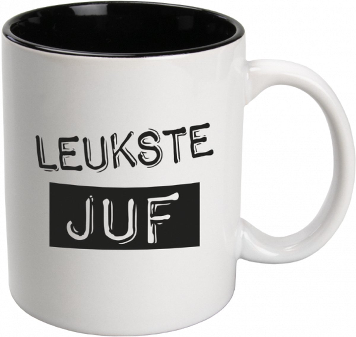 Mok - Zwart Wit - Leukste Juf - Gevuld met verpakte toffees - In cadeauverpakking met krullint