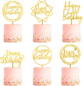 Cake Topper Happy Birthday Versiering Taarttopper Decoratie Goud Verjaardag Versiering – 6 Stuks