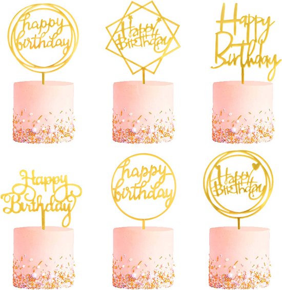 Cake Topper Happy Birthday Versiering Taarttopper Decoratie Goud Verjaardag Versiering – 6 Stuks