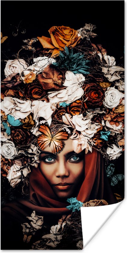 Poster Bloemen - Vlinder - Vrouwen - Hoofddoek - 20x40 cm