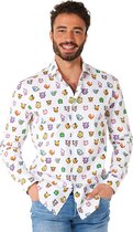 OppoSuits Lange Mouwen Overhemd Pixel Pokémon™ - Heren Carnavals Overhemd - Casual Gaming Pikachu Bulbasaur Squirtle Charmander Shirt - Wit - Wit - Maat EU 45/46