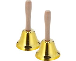 Cepewa Handbel - Set van 2x stuks - goud - 12 cm - metaal/hout - tafelbel - kerstbel - kerstman bel