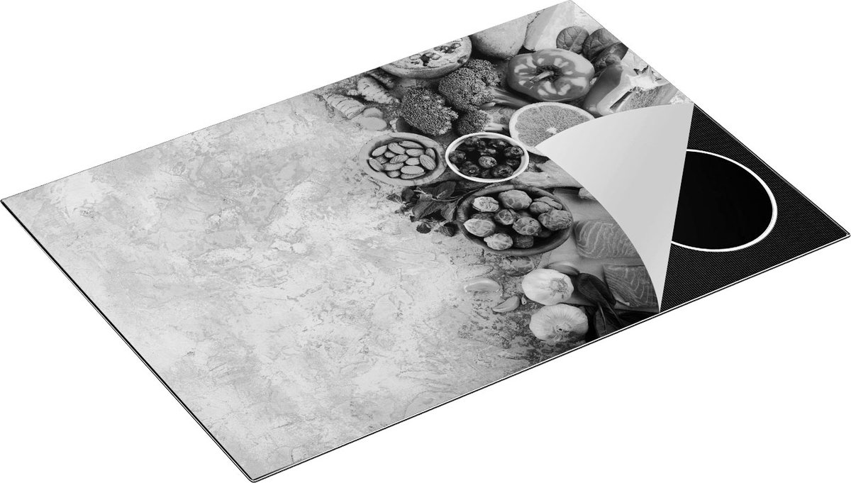 Chefcare Inductie Beschermer Groentes met Vis op Grijze Marmer - Zwart Wit - 75x55 cm - Afdekplaat Inductie - Kookplaat Beschermer - Inductie Mat
