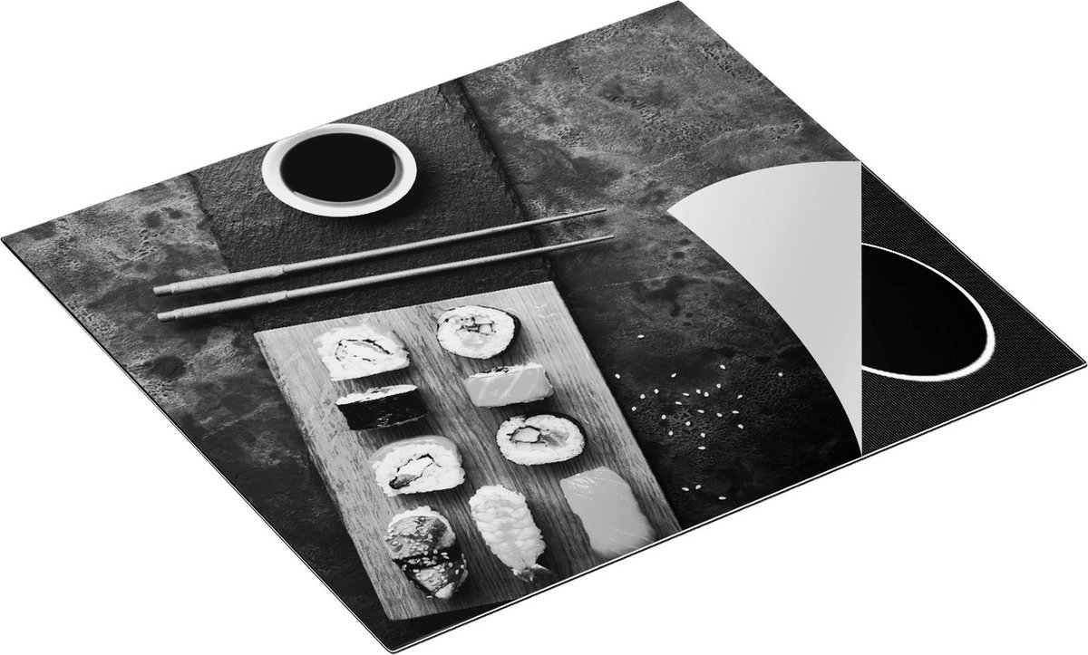 Chefcare Inductie Beschermer Sushi met Soja Saus op een Marmer - Zwart Wit - 57,6x51,6 cm - Afdekplaat Inductie - Kookplaat Beschermer - Inductie Mat