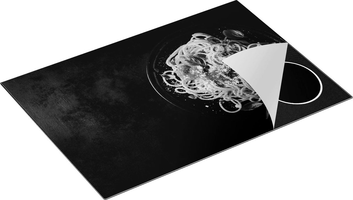 Chefcare Inductie Beschermer Bord Italiaanse Spaghetti op een Marmeren Plaat - Zwart Wit - 76x51,5 cm - Afdekplaat Inductie - Kookplaat Beschermer - Inductie Mat