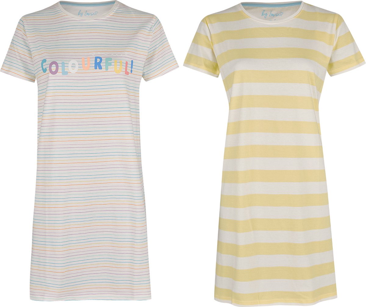 By Louise Nachthemd Dames Set Korte Mouwen Katoen Geel Colourful 2-Pack - Maat M | big shirt | slaaphemd