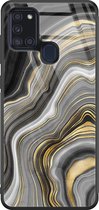 Samsung A21s hoesje glas - Marble agate - Hard Case - Zwart - Backcover - Marmer - Goud