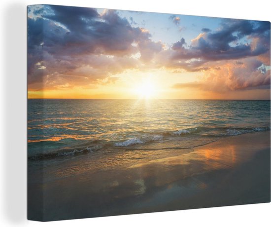 Canvas Schilderij Zonsondergang - Wolken - Strand - 90x60 cm - Wanddecoratie