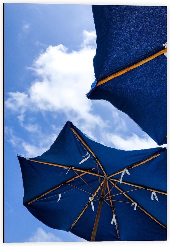 Dibond - Onderaanzicht van Blauwe Parasols - 40x60cm Foto op Aluminium (Met Ophangsysteem)