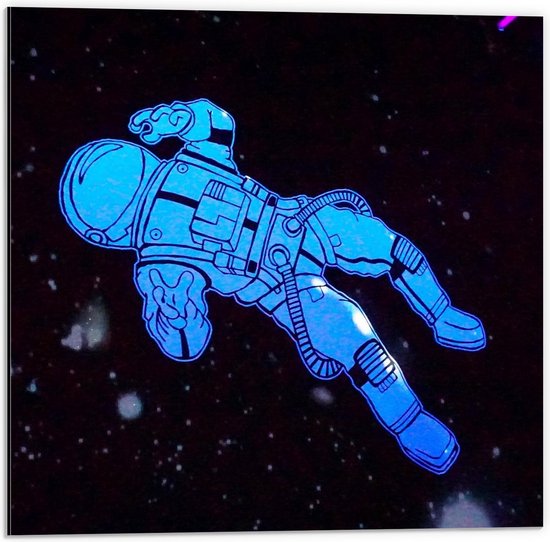 Dibond - Cartoon Astronaut in de Ruimte - 50x50cm Foto op Aluminium (Met Ophangsysteem)