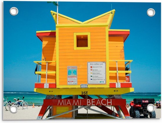Tuinposter – Oranje Strandhuisje op Miami Beach - 40x30cm Foto op Tuinposter  (wanddecoratie voor buiten en binnen)