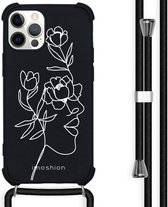 iMoshion Design hoesje met koord voor de iPhone 12, iPhone 12 Pro - Abstract Gezicht Bloem - Zwart