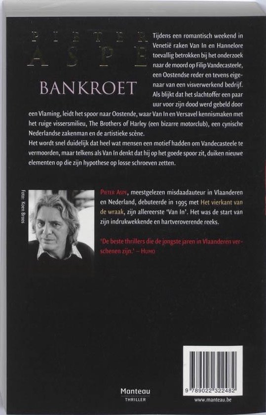 Achterkant van het boek 'Bankroet' met een foto van Pieter Aspe.