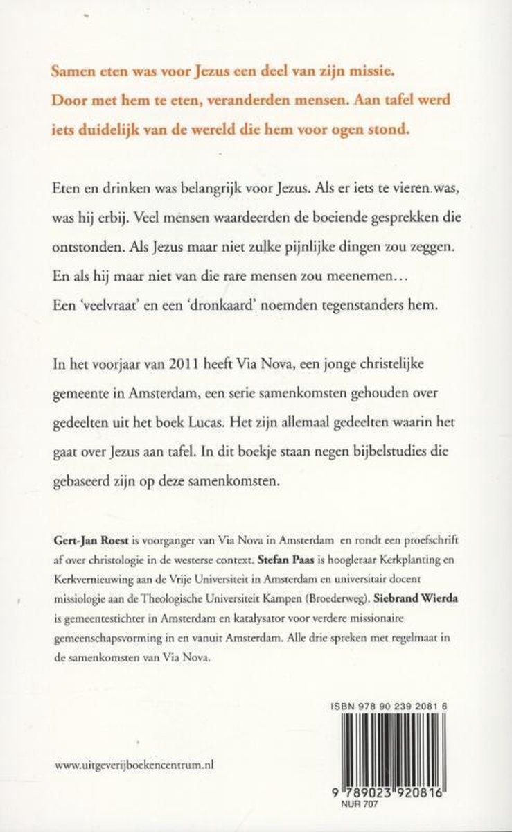 Achterkant boek met tekst over Jezus en maaltijden, ISBN.