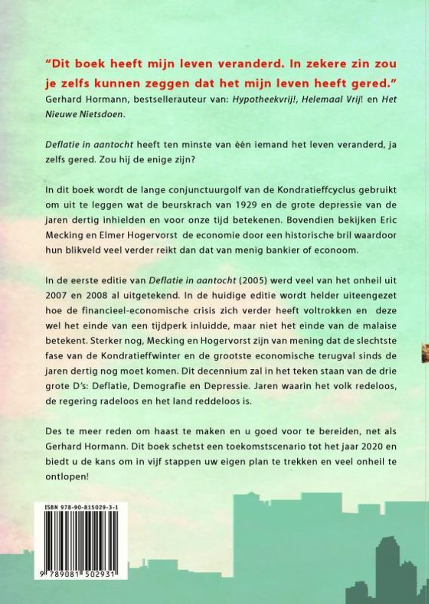 Boekomslag met tekst over het boek 'Deflatie in aantocht' van Eric Mecking en Elmer Hogervorst. Bovenin een quote van Gerhard Hormann.