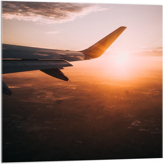Acrylglas - Vliegtuigvleugel met Zonsondergang - 100x100cm Foto op Acrylglas (Wanddecoratie op Acrylglas)